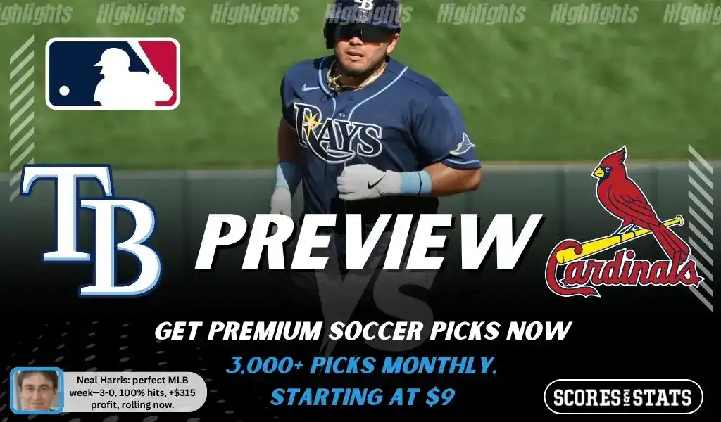 Tampa Bay Rays vs St. Louis Cardinals preview image with both team logos, a relevant baseball background, and the ScoresAndStats logo.