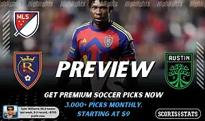 Real Salt Lake vs Austin FC preview image with both team logos, a relevant soccer background, and the ScoresAndStats logo.