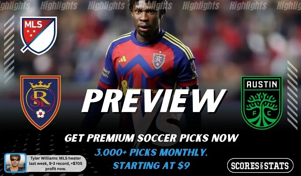Real Salt Lake vs Austin FC preview image with both team logos, a relevant soccer background, and the ScoresAndStats logo.