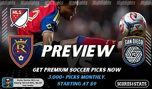 Real Salt Lake vs San Diego FC preview image with both team logos, a relevant soccer background, and the ScoresAndStats logo.