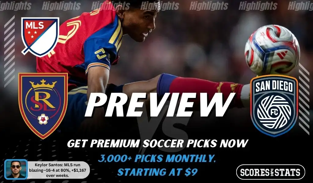 Real Salt Lake vs San Diego FC preview image with both team logos, a relevant soccer background, and the ScoresAndStats logo.