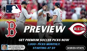 Boston Red Sox vs Cincinnati Reds preview image with both team logos, a relevant baseball background, and the ScoresAndStats logo.
