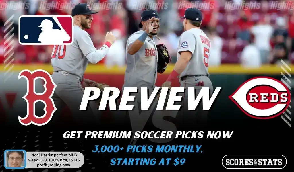 Boston Red Sox vs Cincinnati Reds preview image with both team logos, a relevant baseball background, and the ScoresAndStats logo.
