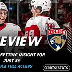 NHL preview graphic for Detroit Red Wings vs Florida Panthers with both team logos, a matchup-themed hockey background image, and the ScoresAndStats logo.