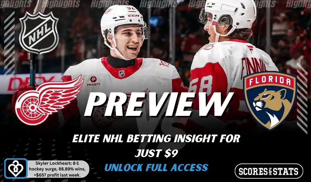 NHL preview graphic for Detroit Red Wings vs Florida Panthers with both team logos, a matchup-themed hockey background image, and the ScoresAndStats logo.
