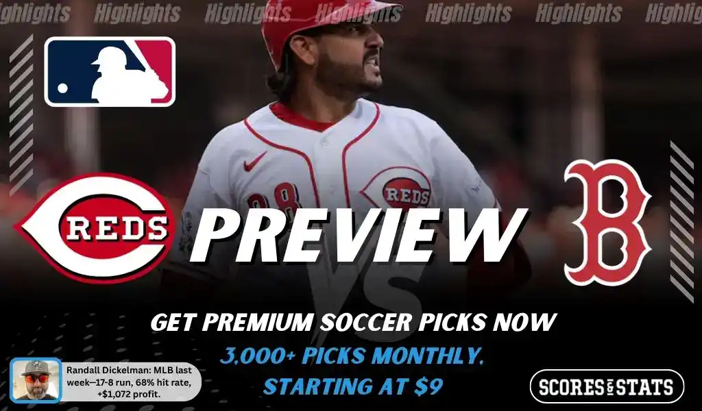 Cincinnati Reds vs Boston Red Sox preview image with both team logos, a relevant baseball background, and the ScoresAndStats logo.