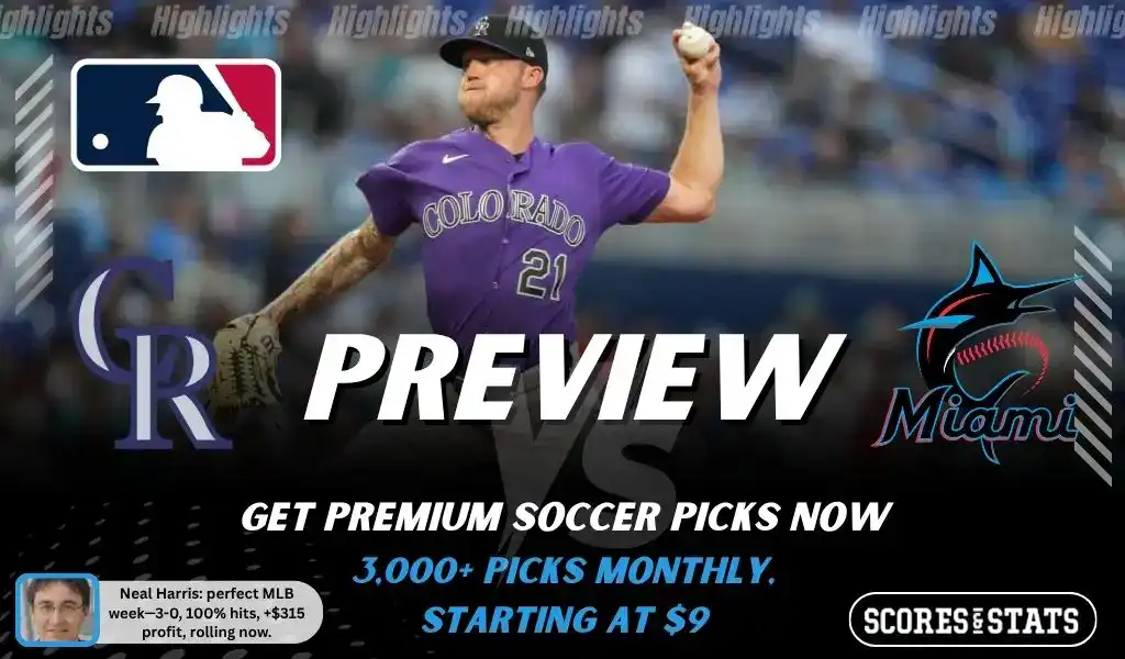 Colorado Rockies vs Miami Marlins preview image with both team logos, a relevant baseball background, and the ScoresAndStats logo.