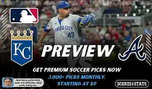 Kansas City Royals vs Atlanta Braves preview image with both team logos, a relevant baseball background, and the ScoresAndStats logo.