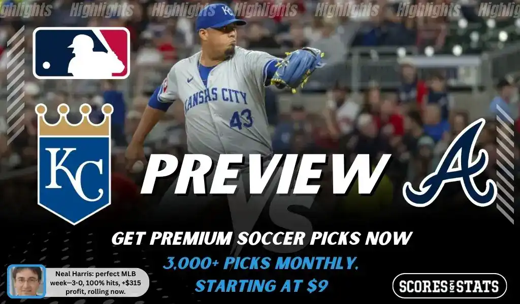 Kansas City Royals vs Atlanta Braves preview image with both team logos, a relevant baseball background, and the ScoresAndStats logo.