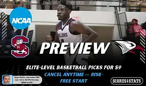 NCAAB preview graphic for South Carolina State Bulldogs vs North Carolina Central Eagles with both team logos, a matchup-themed background image, and the ScoresAndStats logo.