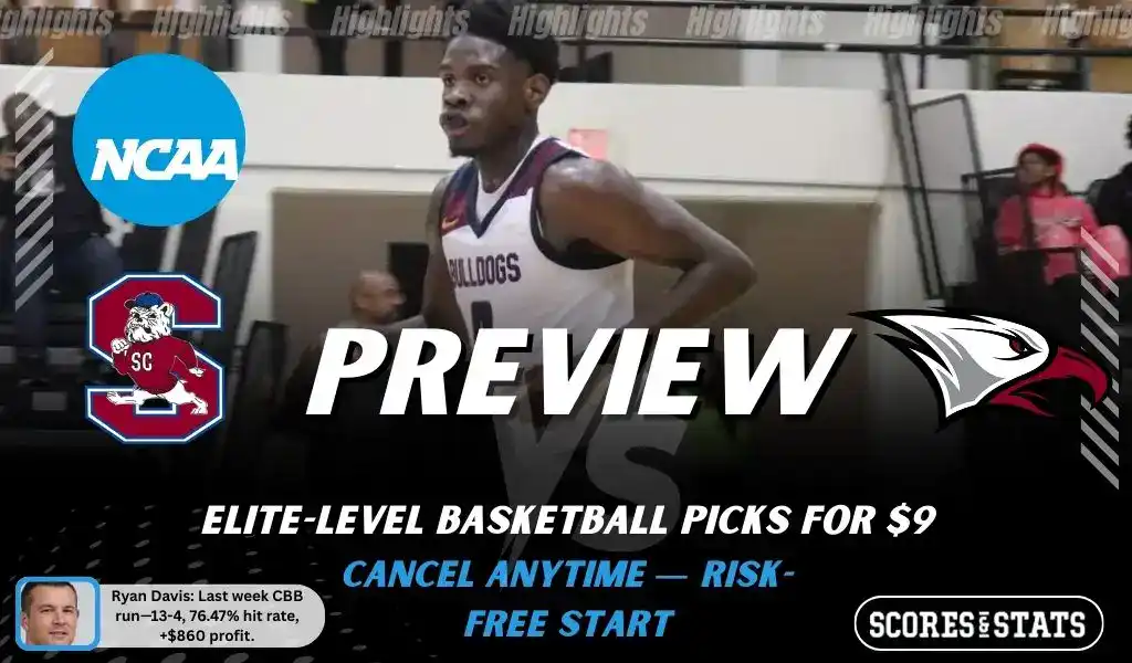 NCAAB preview graphic for South Carolina State Bulldogs vs North Carolina Central Eagles with both team logos, a matchup-themed background image, and the ScoresAndStats logo.