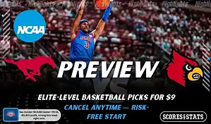 SMU Mustangs vs Louisville Cardinals NCAAB preview image with both team logos, a relevant basketball background, and the ScoresAndStats logo.