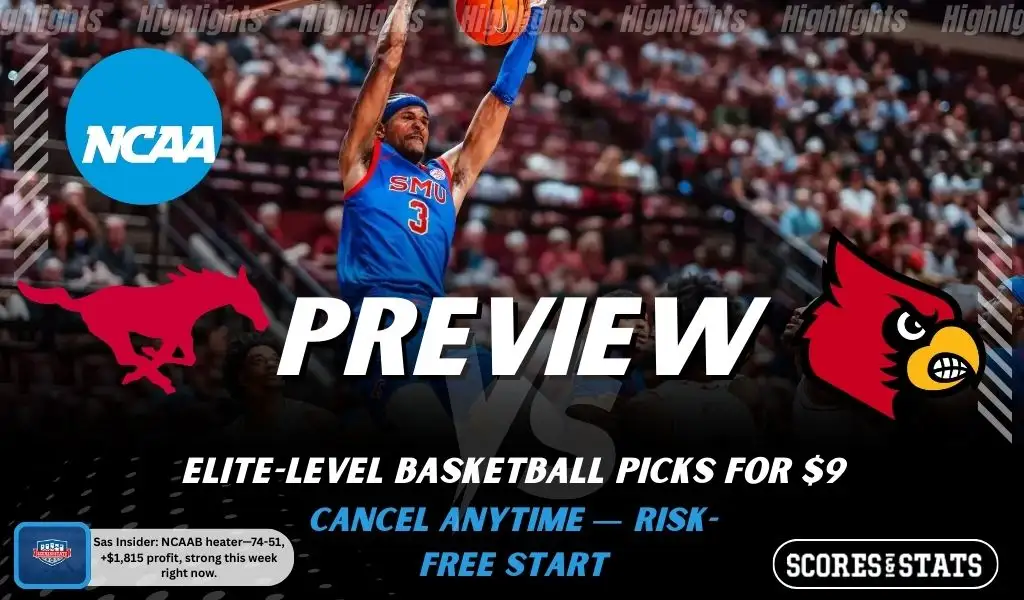 SMU Mustangs vs Louisville Cardinals NCAAB preview image with both team logos, a relevant basketball background, and the ScoresAndStats logo.