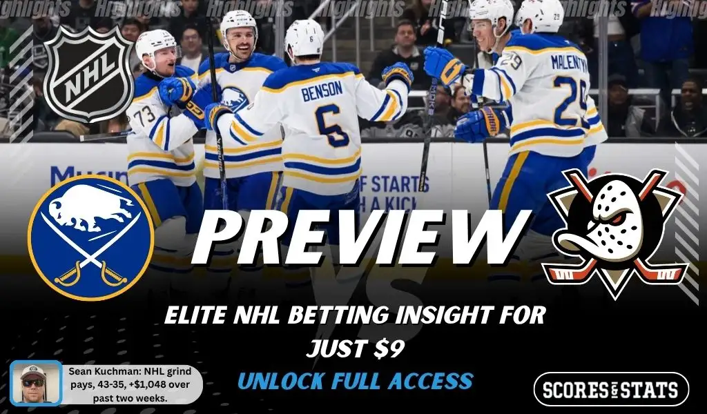 Buffalo Sabres vs Anaheim Ducks preview image with both team logos, a relevant hockey background, and the ScoresAndStats logo.