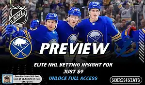 NHL preview graphic for Buffalo Sabres vs Tampa Bay Lightning featuring both team logos, a matchup-themed background image, and the ScoresAndStats logo.