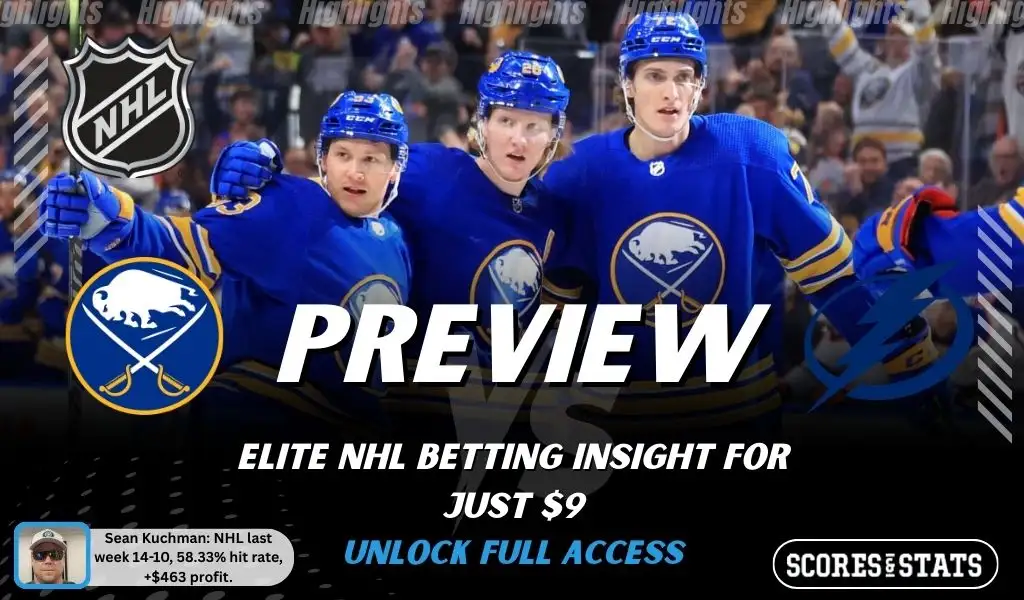 NHL preview graphic for Buffalo Sabres vs Tampa Bay Lightning featuring both team logos, a matchup-themed background image, and the ScoresAndStats logo.