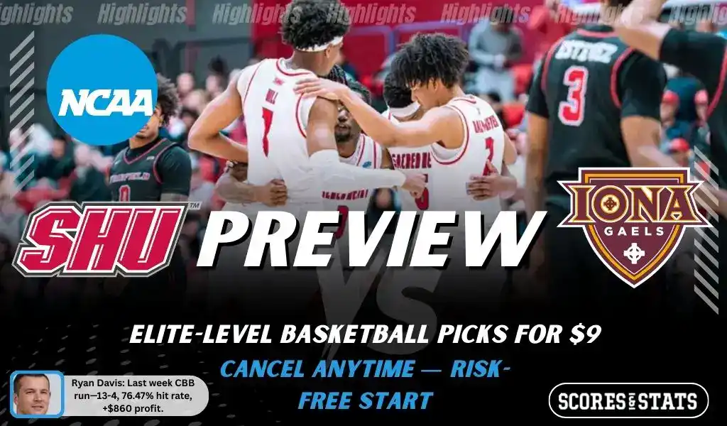 SEO Title (small, 4–6 words): Sacred Heart vs Iona Picks Alt text: NCAAB preview graphic for Sacred Heart Pioneers vs Iona Gaels with both team logos, a matchup-themed background image, and the ScoresAndStats logo.