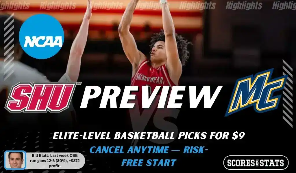 NCAAB preview graphic for Sacred Heart Pioneers vs Merrimack Warriors with both team logos, a matchup-themed background image, and the ScoresAndStats logo.