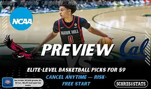 Saint Joseph’s Hawks vs California Golden Bears NCAAB preview image with both team logos, a relevant basketball background, and the ScoresAndStats logo.