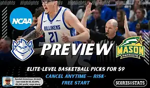 NCAAB preview graphic for Saint Louis Billikens vs George Mason Patriots featuring both team logos, a matchup-themed background image, and the ScoresAndStats logo.