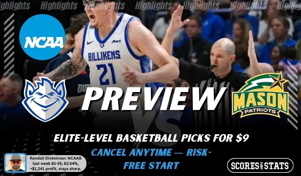 NCAAB preview graphic for Saint Louis Billikens vs George Mason Patriots featuring both team logos, a matchup-themed background image, and the ScoresAndStats logo.