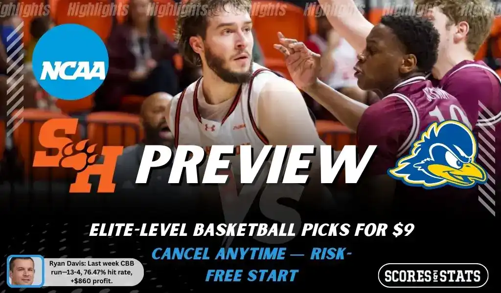 NCAAB preview graphic for Sam Houston Bearkats vs Delaware Fightin’ Blue Hens with both team logos, a matchup-themed background image, and the ScoresAndStats logo.