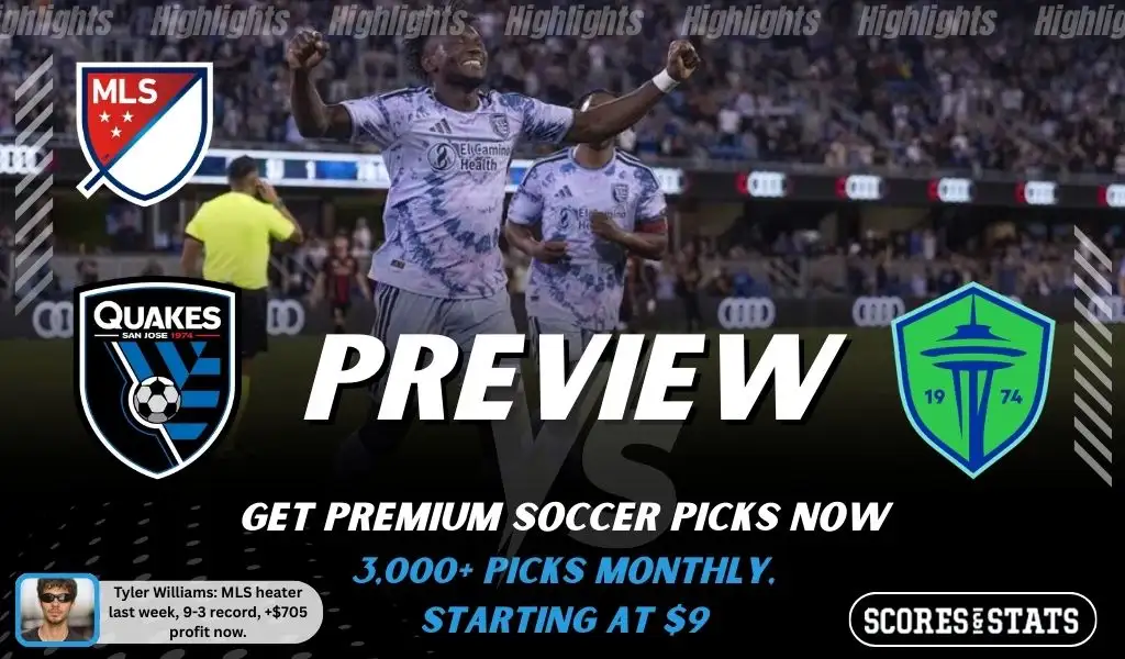 San Jose Earthquakes vs Seattle Sounders FC preview image with both team logos, a relevant soccer background, and the ScoresAndStats logo.