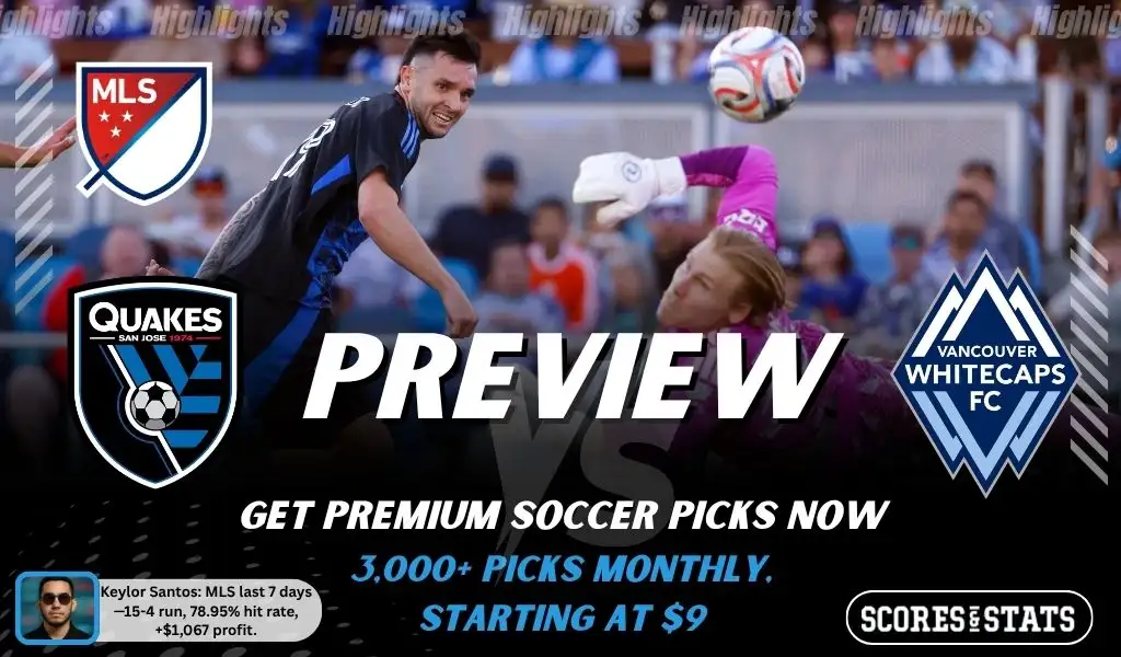 San Jose Earthquakes vs Vancouver Whitecaps preview image with both team logos, a relevant soccer background, and the ScoresAndStats logo.