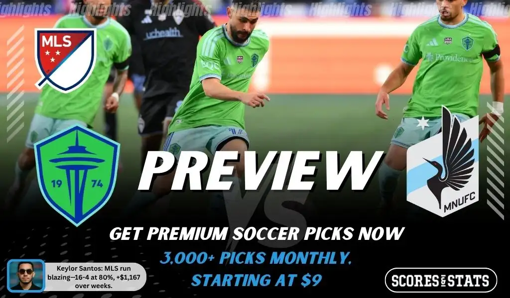 Seattle Sounders vs Minnesota United preview image with both team logos, a relevant soccer background, and the ScoresAndStats logo.