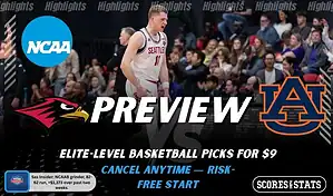 Seattle Redhawks vs Auburn Tigers NCAAB preview image with both team logos, a relevant basketball background, and the ScoresAndStats logo.