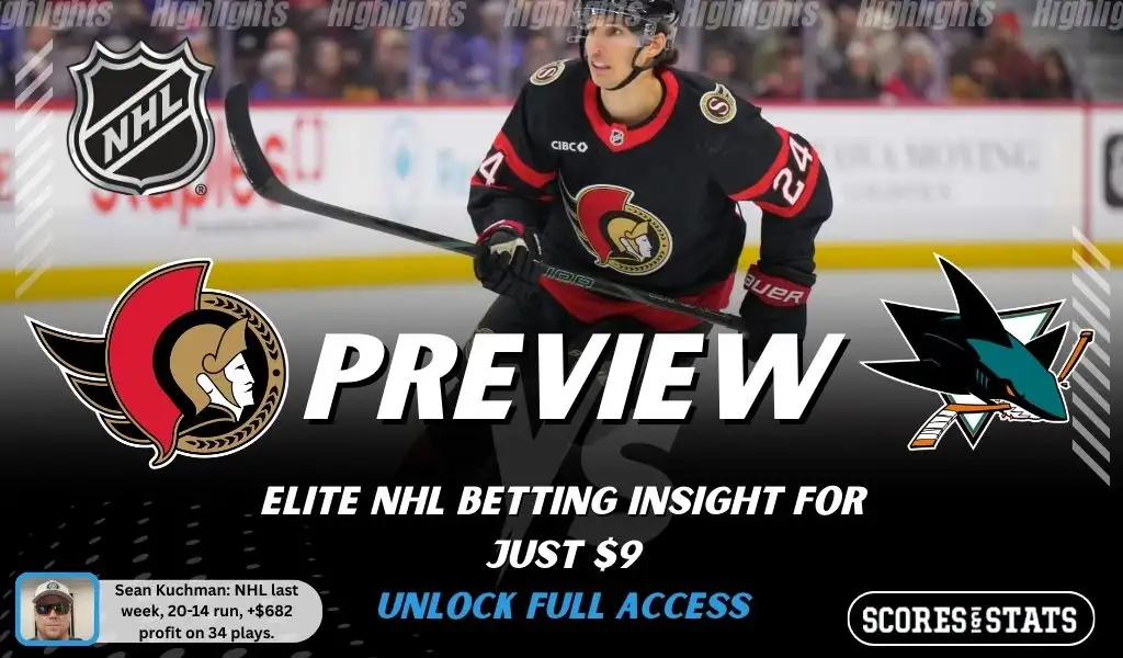 Ottawa Senators vs San Jose Sharks preview image with both team logos, a relevant hockey background, and the ScoresAndStats logo.