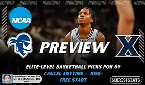 NCAAB preview graphic for Seton Hall Pirates vs Xavier Musketeers with both team logos, a matchup-themed background image, and the ScoresAndStats logo.