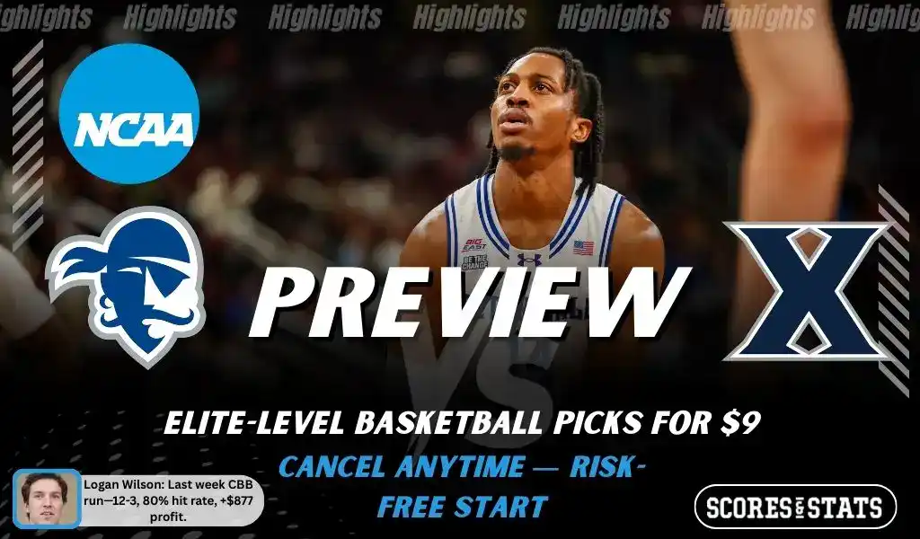 NCAAB preview graphic for Seton Hall Pirates vs Xavier Musketeers with both team logos, a matchup-themed background image, and the ScoresAndStats logo.