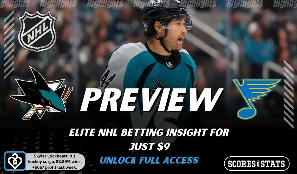 NHL preview graphic for San Jose Sharks vs St. Louis Blues with both team logos, a matchup-themed hockey background image, and the ScoresAndStats logo.