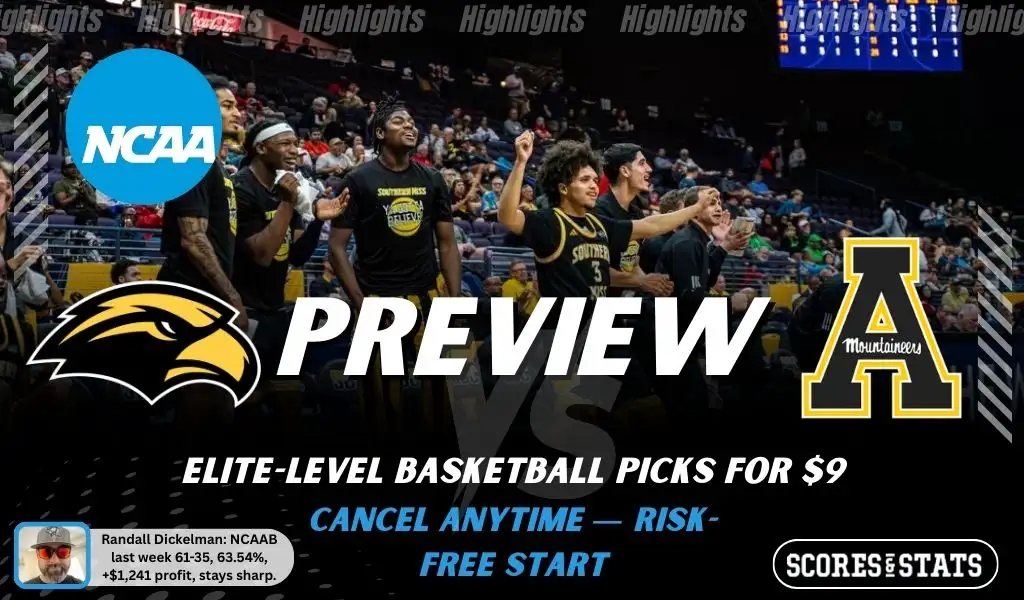 NCAAB preview graphic for Southern Miss Golden Eagles vs Appalachian State Mountaineers featuring both team logos, a matchup-themed background image, and the ScoresAndStats logo.