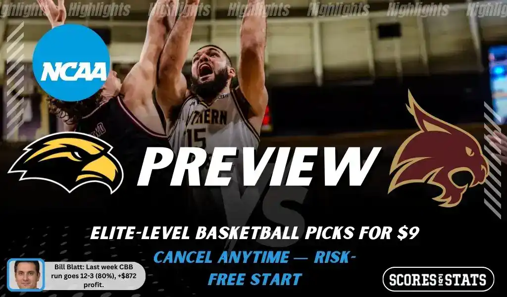 NCAAB preview graphic for Southern Miss Golden Eagles vs Texas State Bobcats with both team logos, a matchup-themed background image, and the ScoresAndStats logo.
