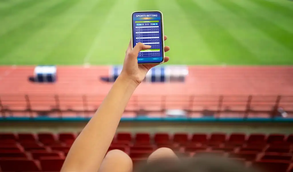 Person holding a phone with a sports betting app open inside a stadium, representing sports betting app odds and bonuses.