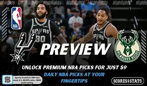 San Antonio Spurs vs Milwaukee Bucks preview image with both team logos, a relevant basketball background, and the ScoresAndStats logo.