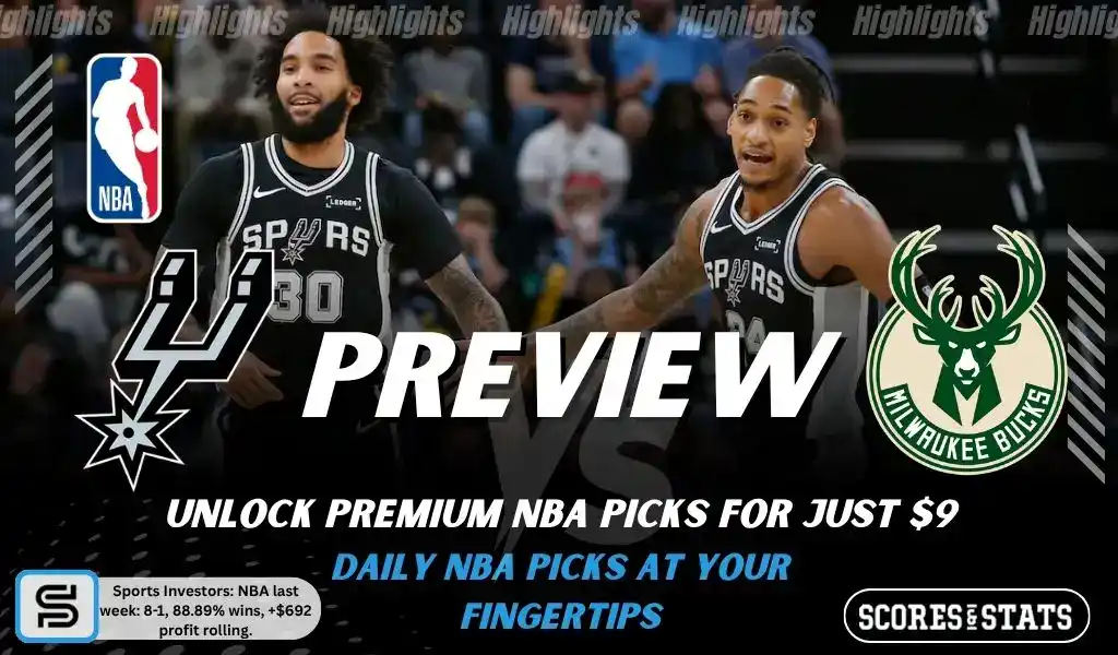 San Antonio Spurs vs Milwaukee Bucks preview image with both team logos, a relevant basketball background, and the ScoresAndStats logo.