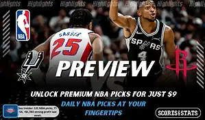 NBA preview graphic for San Antonio Spurs vs Houston Rockets featuring both team logos, a matchup-themed background image, and the ScoresAndStats logo.