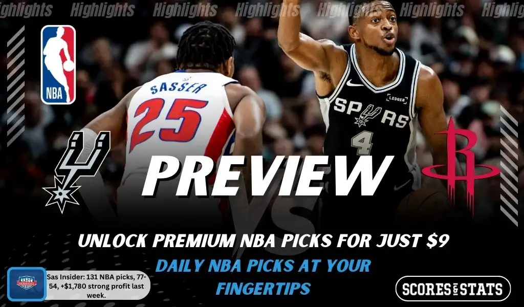 NBA preview graphic for San Antonio Spurs vs Houston Rockets featuring both team logos, a matchup-themed background image, and the ScoresAndStats logo.