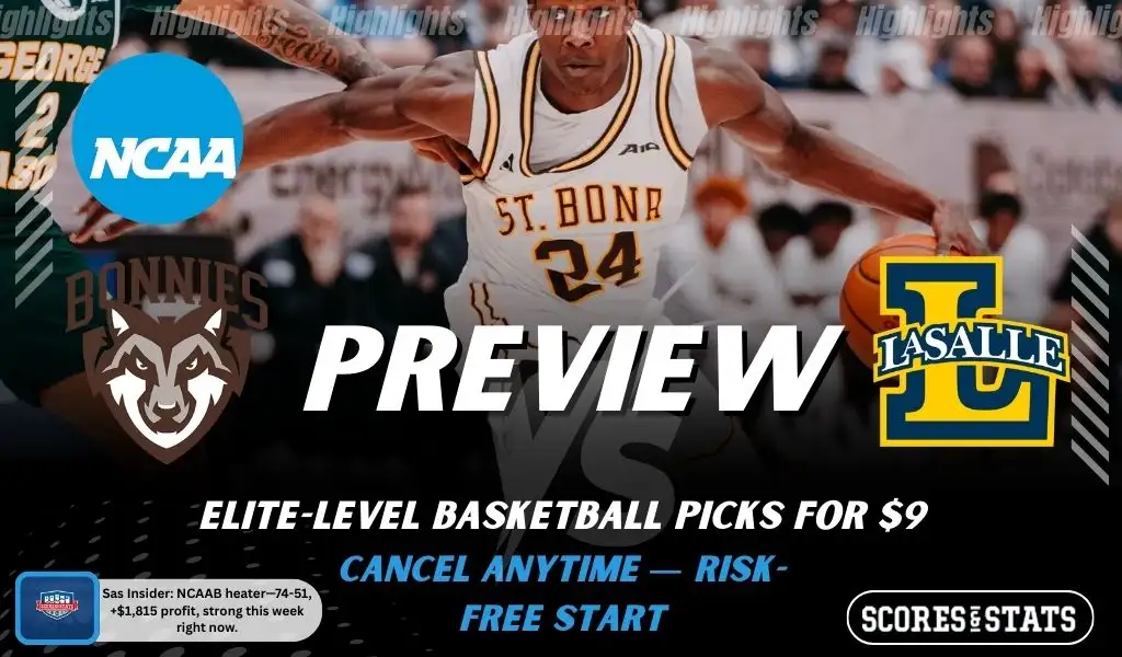St. Bonaventure Bonnies vs La Salle Explorers NCAAB preview image with both team logos, a relevant basketball background, and the ScoresAndStats logo.