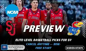 St. John’s Red Storm vs Kansas Jayhawks NCAAB preview image with both team logos, a relevant basketball background, and the ScoresAndStats logo.