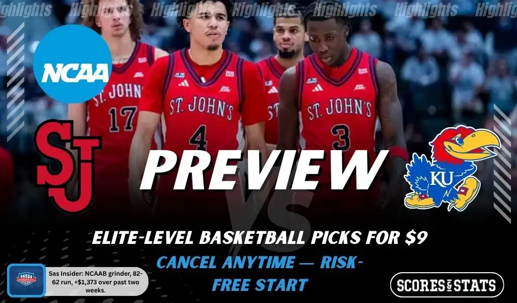 St. John’s Red Storm vs Kansas Jayhawks NCAAB preview image with both team logos, a relevant basketball background, and the ScoresAndStats logo.