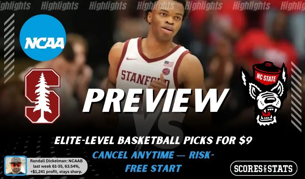 NCAAB preview graphic for Stanford Cardinal vs NC State Wolfpack featuring both team logos, a matchup-themed background image, and the ScoresAndStats logo.
