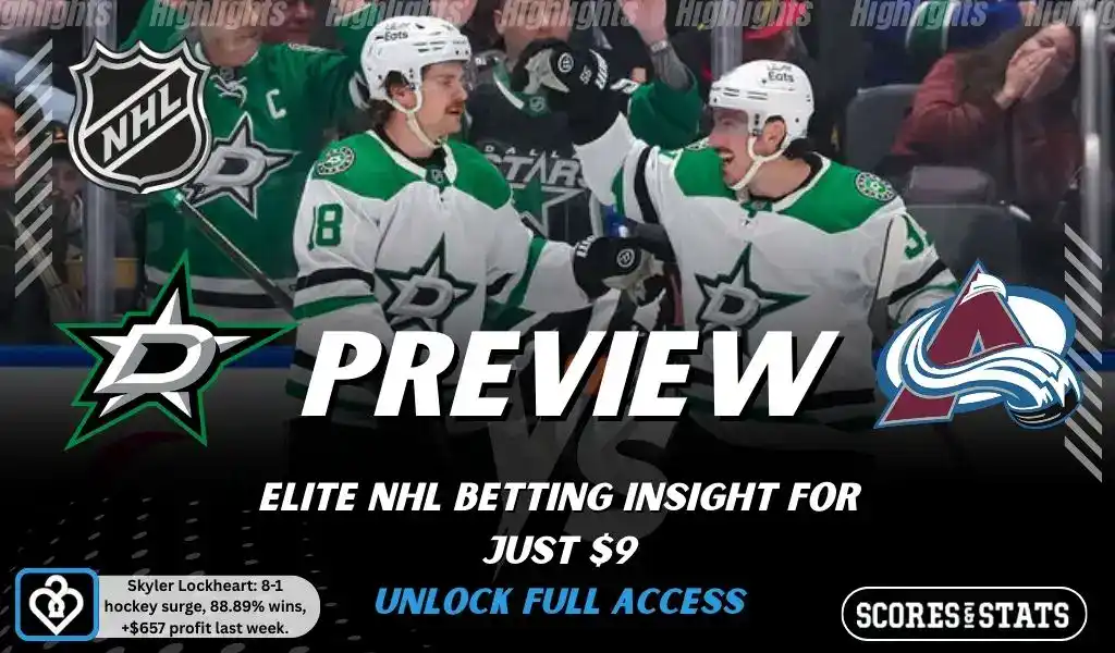 NHL preview graphic for Dallas Stars vs Colorado Avalanche with both team logos, a matchup-themed hockey background image, and the ScoresAndStats logo.