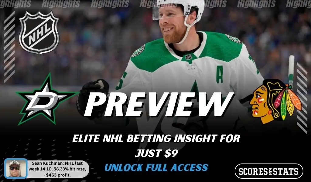 NHL preview graphic for Dallas Stars vs Chicago Blackhawks featuring both team logos, a matchup-themed background image, and the ScoresAndStats logo.