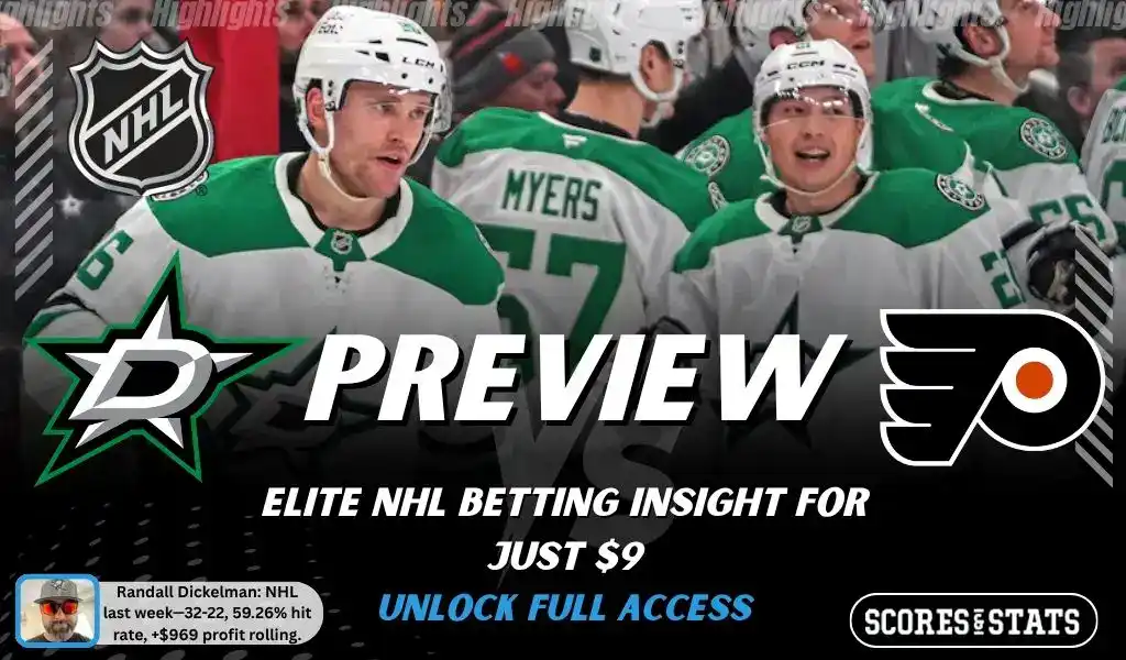 Dallas Stars vs Philadelphia Flyers preview image with both team logos, a relevant hockey background, and the ScoresAndStats logo.