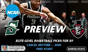 NCAAB preview graphic for Stetson Hatters vs Austin Peay Governors with both team logos, a matchup-themed background image, and the ScoresAndStats logo.