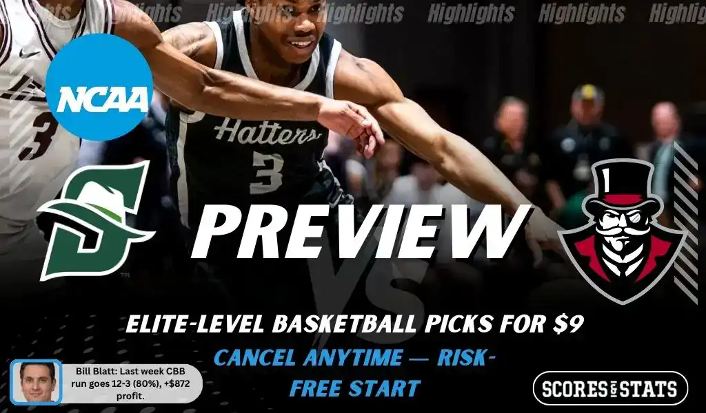 NCAAB preview graphic for Stetson Hatters vs Austin Peay Governors with both team logos, a matchup-themed background image, and the ScoresAndStats logo.